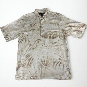 Tori Richard Silk Hawaiian Shirt Mens M Beige Palm Leaf Print Aloha Casual Tan